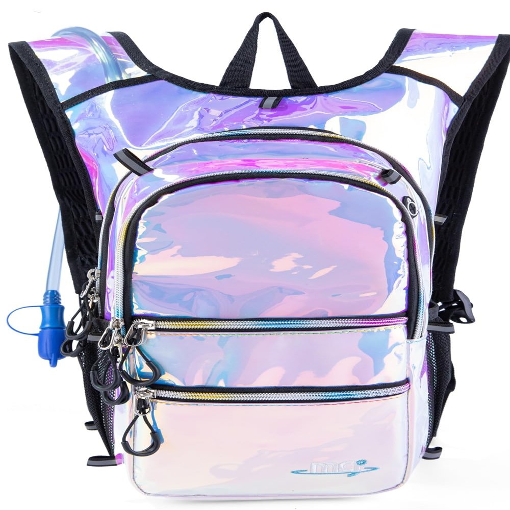 Hydration Backpack Pack with Cool Lights, 2L Water Bladder, Lightweight Bag for Running, Hiking, Bike, Climbing, Music Festival Essential, and Rave (Holographic-Blue)