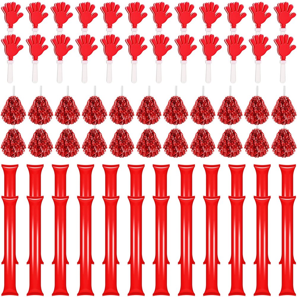 Sosation 72 Pcs Cheerleading Pom Poms Hand Clappers and Thunder Sticks Cheerleading Cheering Sticks Pompoms for Christmas Party Favors Sports Cheers Ball Dance Basketball Football Noisemakers (Red)