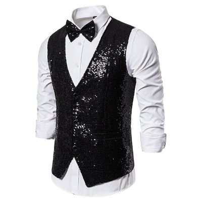 tuduoms Men's Suit Vest with Bow Tie Fashion Party Sequins Vests for Men Formal Slim Fit Wedding Dress Waistcoat Tuxedo Vest