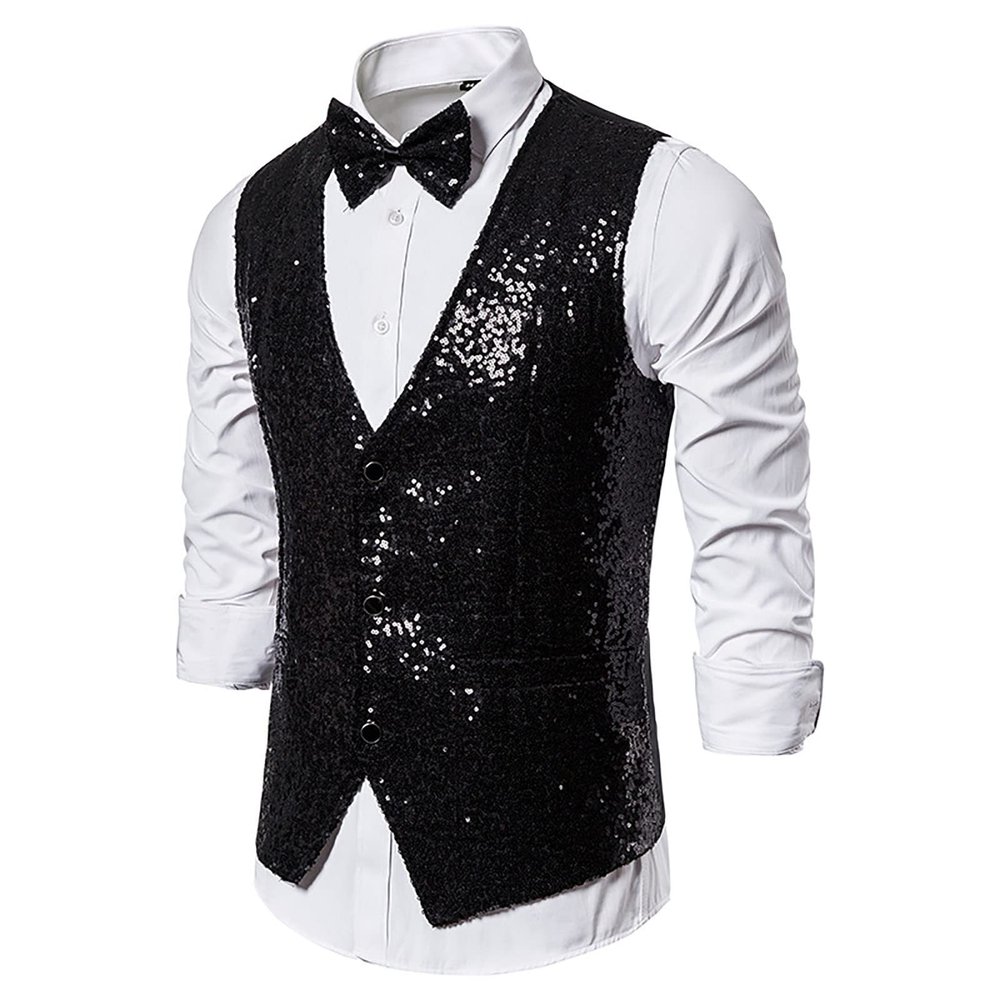 tuduoms Men's Suit Vest with Bow Tie Fashion Party Sequins Vests for Men Formal Slim Fit Wedding Dress Waistcoat Tuxedo Vest