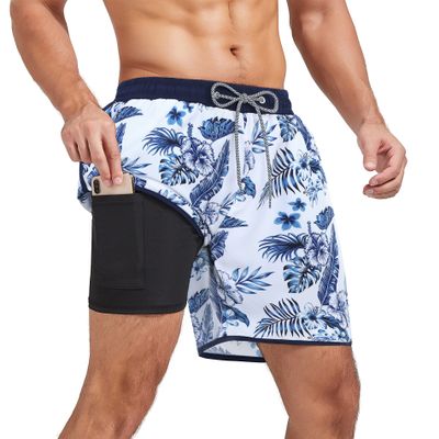 American Trends Men's Swimsuits Mens Swim Trunks with Compression Liner Summer Beachwear Bathing Suit for Men Medium White Blue Leaf