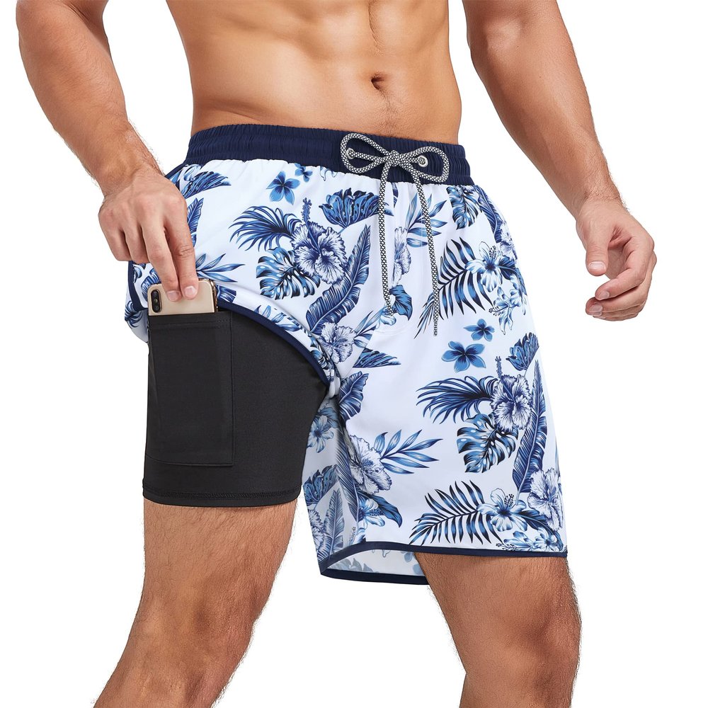 American Trends Men's Swimsuits Mens Swim Trunks with Compression Liner Summer Beachwear Bathing Suit for Men Medium White Blue Leaf