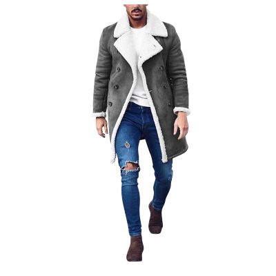 Men's Sherpa Lined Leather Coat Lapel Shearling Fur Long Coat Heavyweight Trench Coat Black Motocycle Bomber Jacket