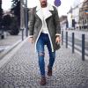 Men's Sherpa Lined Leather Coat Lapel Shearling Fur Long Coat Heavyweight Trench Coat Black Motocycle Bomber Jacket view 2