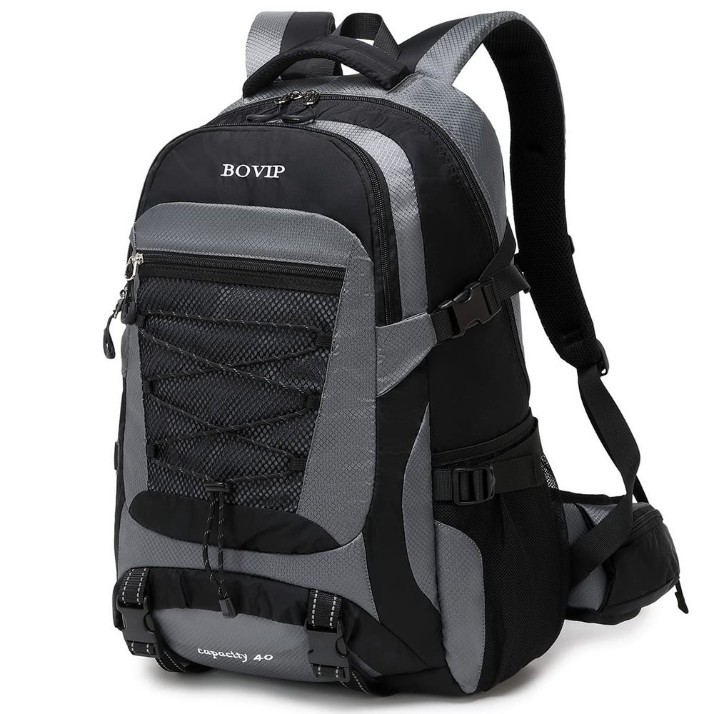 BOVIP 40L Hiking Backpack Waterproof Lightweight Daypack Travel Sports Camping Backpack for Men Women Gray