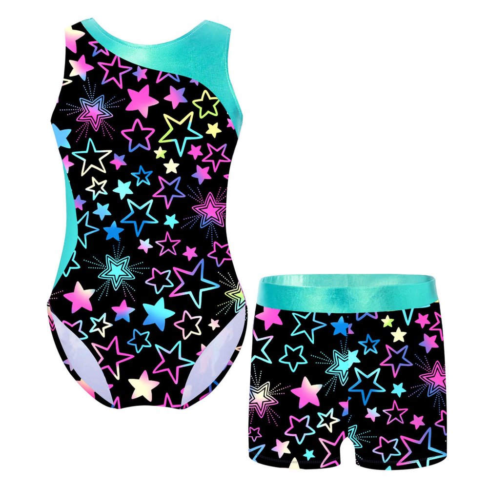 TSSOE Kids Girls Sleeveless Printed Gymnastics Dance Leotard Set Sports Performance Outfit Tracksuit Starry 4 Years