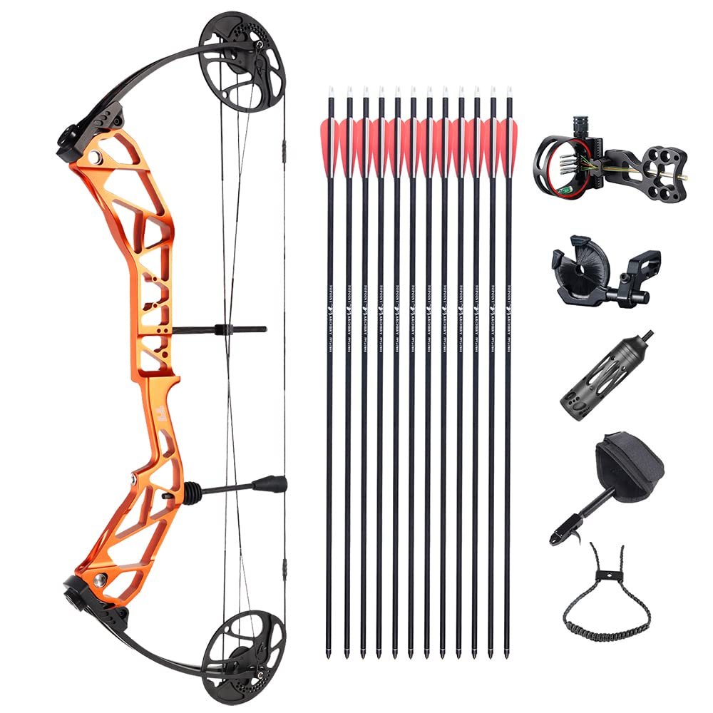 ZSHJGJR Compound Bow Kit, Hunting and Target, Limb Made in USA,BCY String; Draw Weight 19-70 lbs, Draw Length 19-30", IBO 320FPS, Package with Archery Hunting Accessories (Orange)
