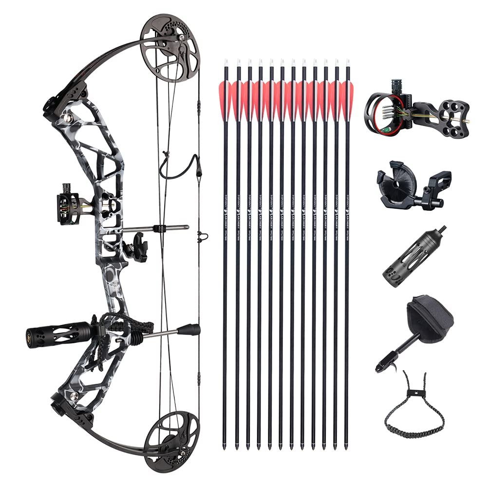 ZSHJGJR Compound Bow Kit, Hunting and Target, Limb Made in USA,BCY String; Draw Weight 19-70 lbs, Draw Length 19-30", IBO 320FPS, Package with Archery Hunting Accessories (Black camo)