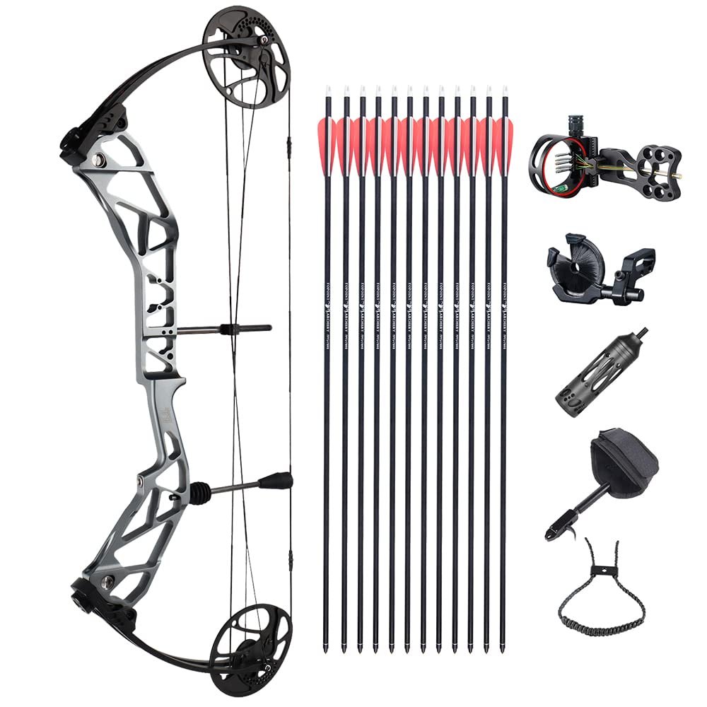ZSHJGJR Compound Bow Kit, Hunting and Target, Limb Made in USA,BCY String; Draw Weight 19-70 lbs, Draw Length 19-30", IBO 320FPS, Package with Archery Hunting Accessories (Grey)