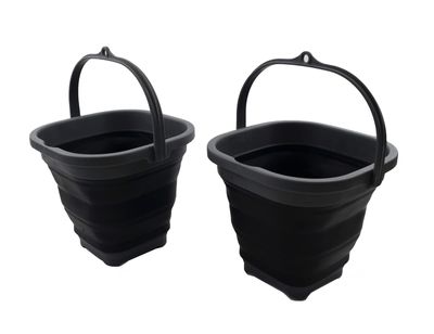 SAMMART 2.6L (0.68 Gallon) Super Mini Sqare Collapsible Plastic Bucket - Foldable Square Tub - Portable Fishing Water Pail - Space Saving Outdoor Waterpot (Grey/Black (Set of 2))