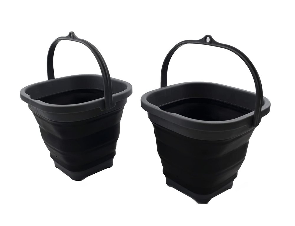 SAMMART 2.6L (0.68 Gallon) Super Mini Sqare Collapsible Plastic Bucket - Foldable Square Tub - Portable Fishing Water Pail - Space Saving Outdoor Waterpot (Grey/Black (Set of 2))