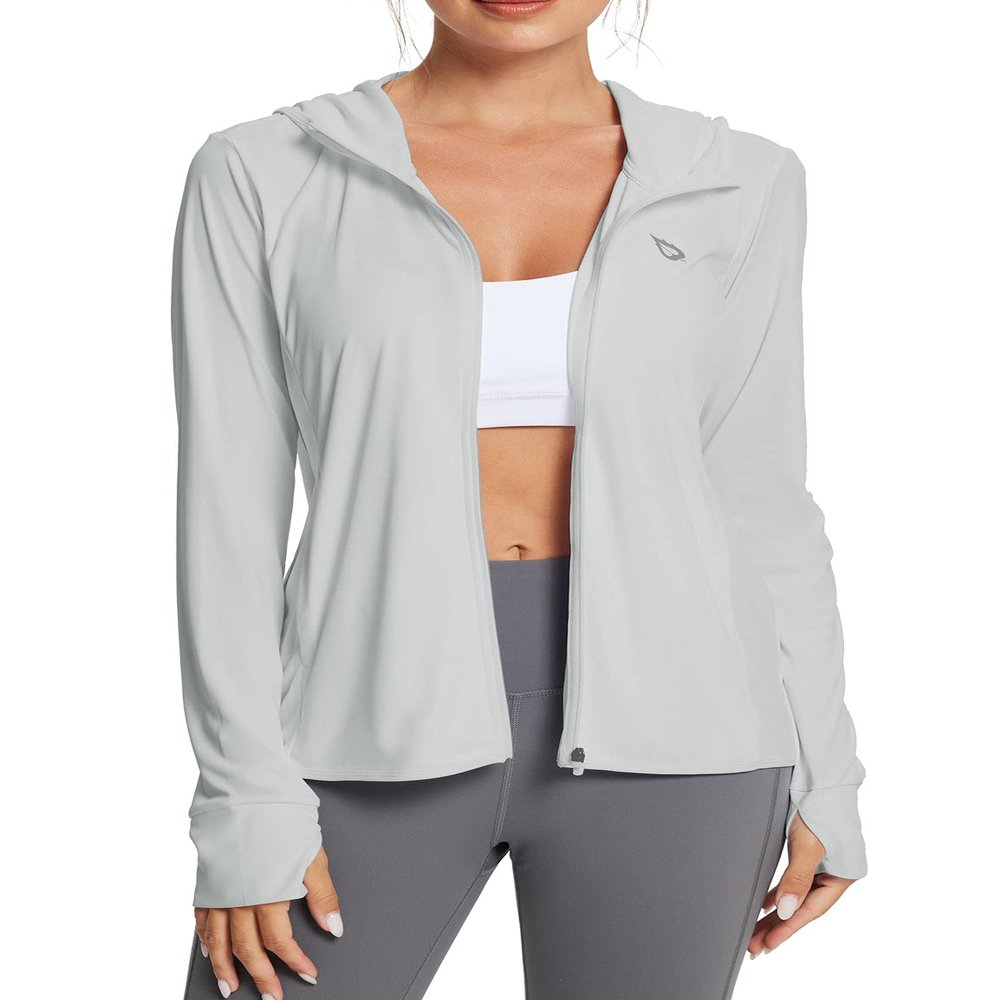 baleaf Women's SPF Jacket Sun Shirt UV Protection Hoodie Zip Up Long Sleeve Hooded Summer Clothing Running Hiking Grey XL