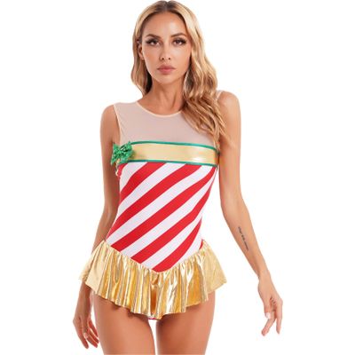 JanJean Women Candy Cane Christmas Costume Sleeveless Ballet Dance Leotard Stage Performance Costume Red Large