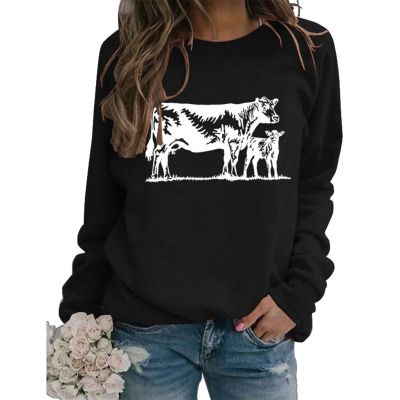 Sweatshirt for Womens Cow Graphic Western Sweatshirts Long Sleeve Crew Neck Lightweight Pullovers Tops Cow Shirts Black