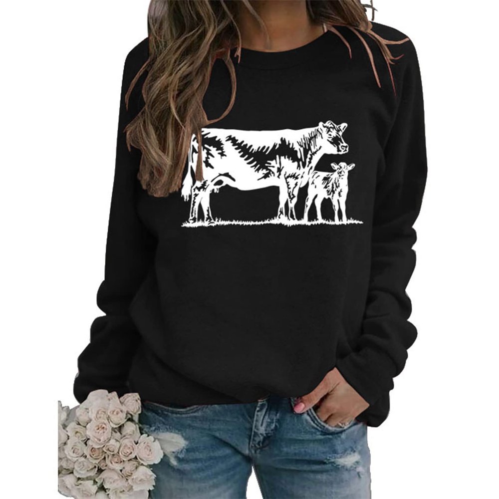 Sweatshirt for Womens Cow Graphic Western Sweatshirts Long Sleeve Crew Neck Lightweight Pullovers Tops Cow Shirts Black