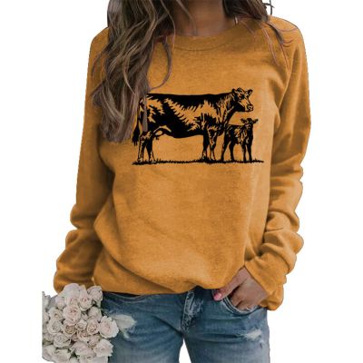 Sweatshirt for Womens Cow Graphic Western Sweatshirts Long Sleeve Crew Neck Lightweight Pullovers Tops Cow Shirts Yellow