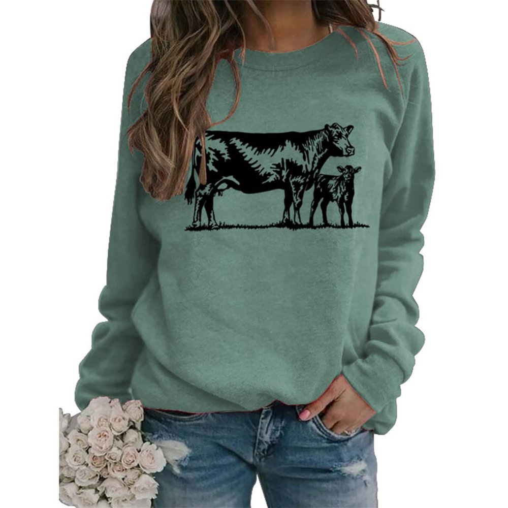 Sweatshirt for Womens Cow Graphic Western Sweatshirts Long Sleeve Crew Neck Lightweight Pullovers Tops Cow Shirts