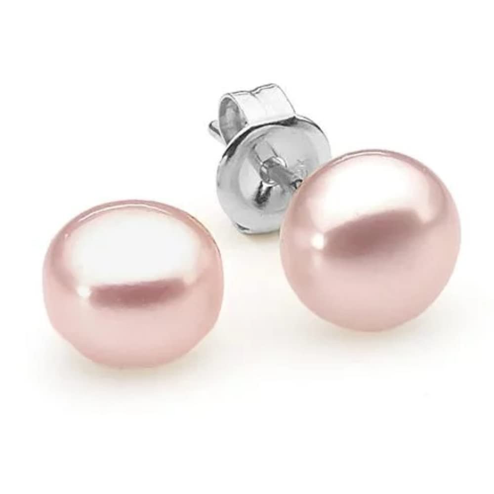 10k White Gold Plated Button Pearl Stud Earrings, 10 mm Pink Pearl Birthstone Jewelry Gift for Women Paris Jewelry