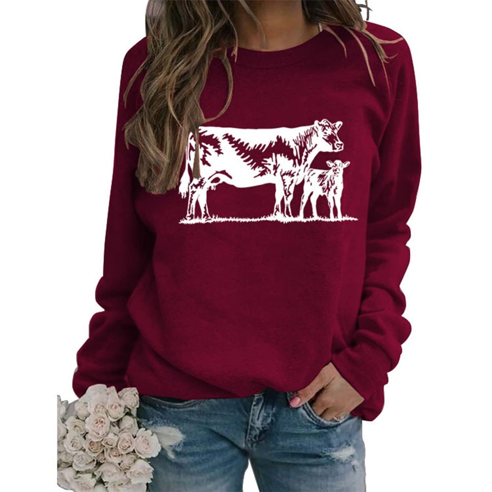 Sweatshirt for Womens Cow Graphic Western Sweatshirts Long Sleeve Crew Neck Lightweight Pullovers Tops Cow Shirts Wine Red