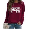 Sweatshirt for Womens Cow Graphic Western Sweatshirts Long Sleeve Crew Neck Lightweight Pullovers Tops Cow Shirts Wine Red view 1