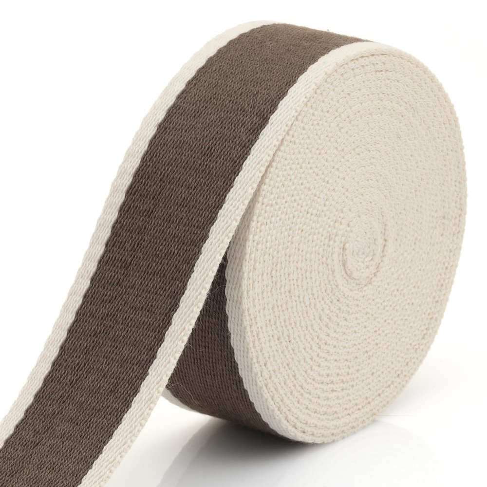 CRAFTMEMORE 1 1/2 Inches Cotton Webbing Strap, Two Tone Heavy Webbing for Arts and Crafts, Luxury Bag Strap (50 Yards, Brown-Ivory)