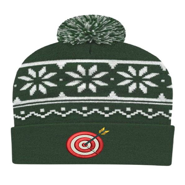 Target Snowflake Beanie Embroidered Dartboard Ugly Christmas Beanie Xmas Hat (Forest Green White)
