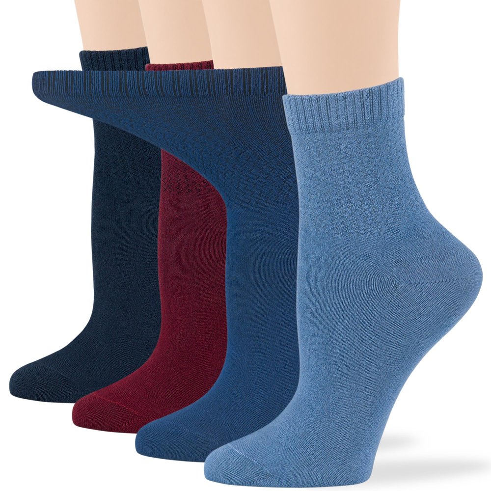 7BIGSTARS KINGDOM Women's Viscose from Bamboo Diabetic Quarter Socks, Non-Binding - 4 Pack Large - Solid Casual Seamless - Sock Size 10-12 Shoe Size 8-12 L Dark Navy, Burgundy, Light Navy, Denim Blue