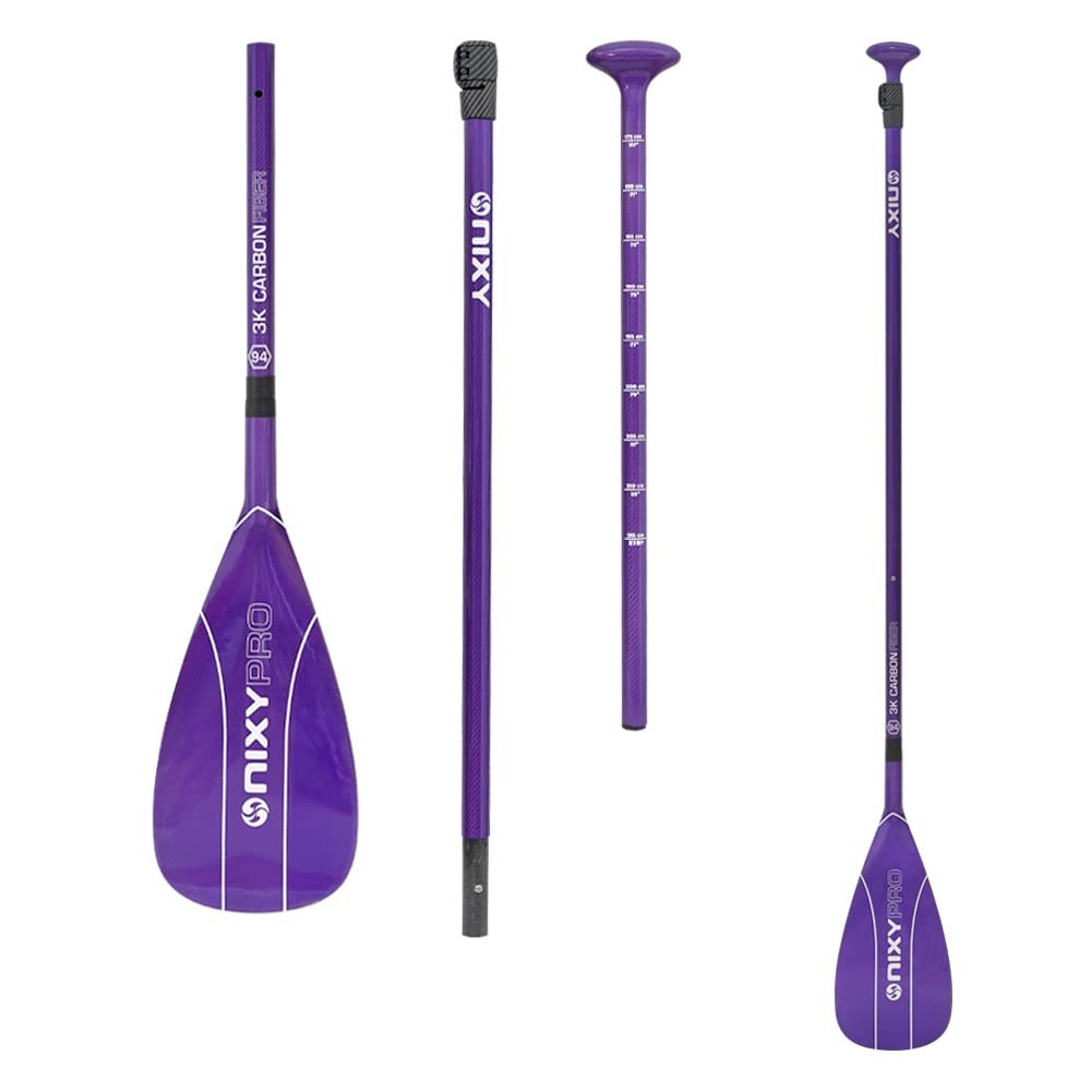 NIXY Full Carbon Fiber SUP Paddle - Adjustable 3 Piece Pro With ABS Blade Edge for Stand Up Paddle Board - Durable, Lightweight Floating (Purple, Large - 94 sq in. Blade)