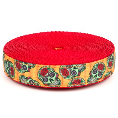 Country Brook Design - Sugar Skulls on Red Nylon Webbing (3/4 Inch, 5 Yards)