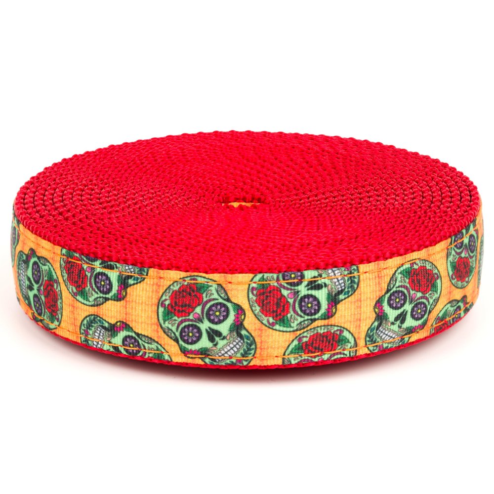 Country Brook Design - Sugar Skulls on Red Nylon Webbing (3/4 Inch, 5 Yards)