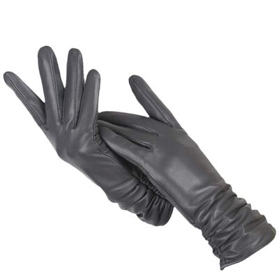 Classic Pleated Leather Gloves Women Color Real Leather Gloves Women Leather Winter Gloves Women Dark Gray 7