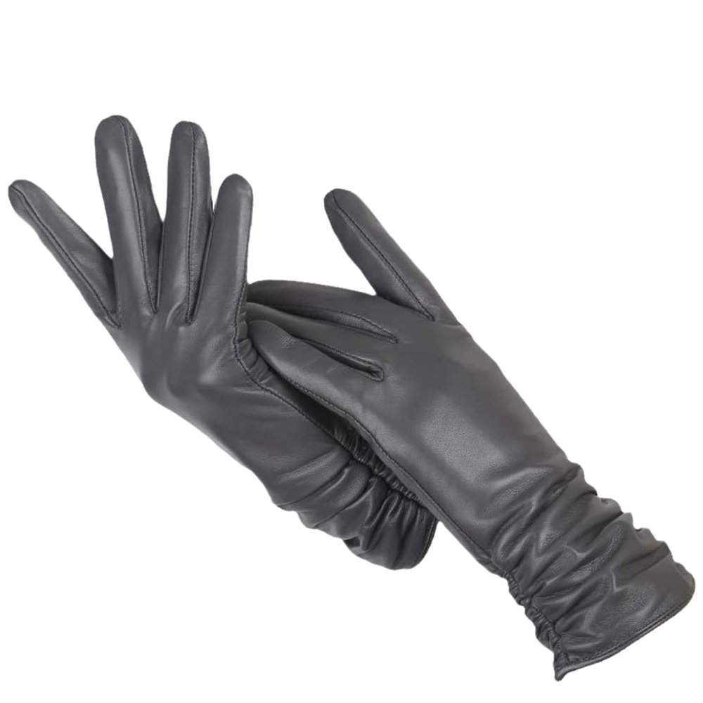 Classic Pleated Leather Gloves Women Color Real Leather Gloves Women Leather Winter Gloves Women Dark Gray 7