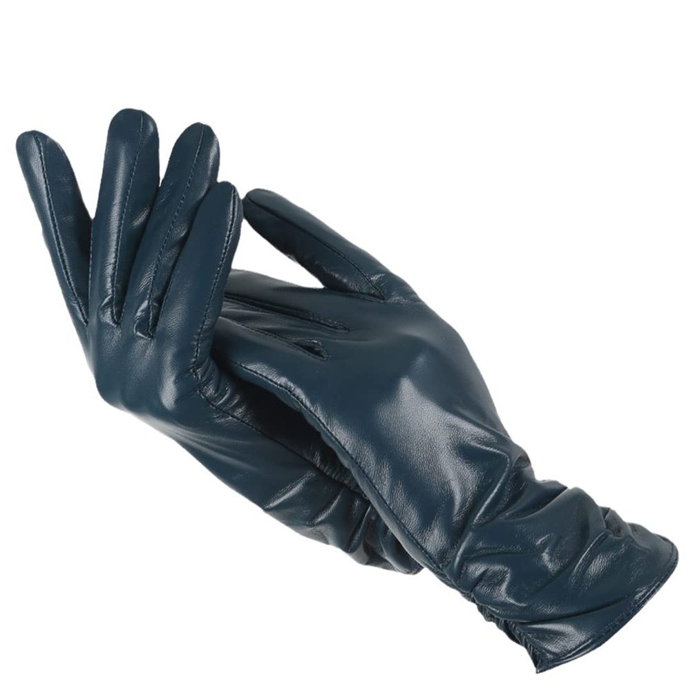 Classic Pleated Leather Gloves Women Color Real Leather Gloves Women Leather Winter Gloves Women Lake Blue 7.5