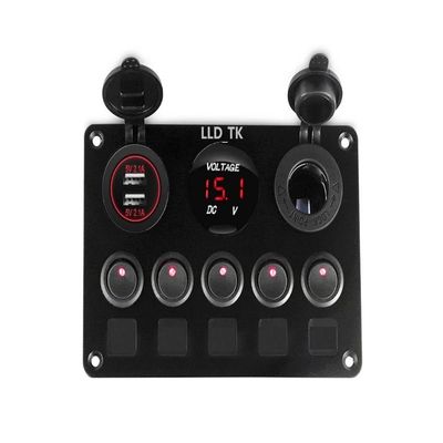 5 Gang Marine Boat Switch Panel Waterproof Toggle Rocker Switch Panel Car Truck Marine Boat RV Digital Voltmeter Display Dual USB 4.2A Charger Port DC 12 Volt Socket 12V 24V