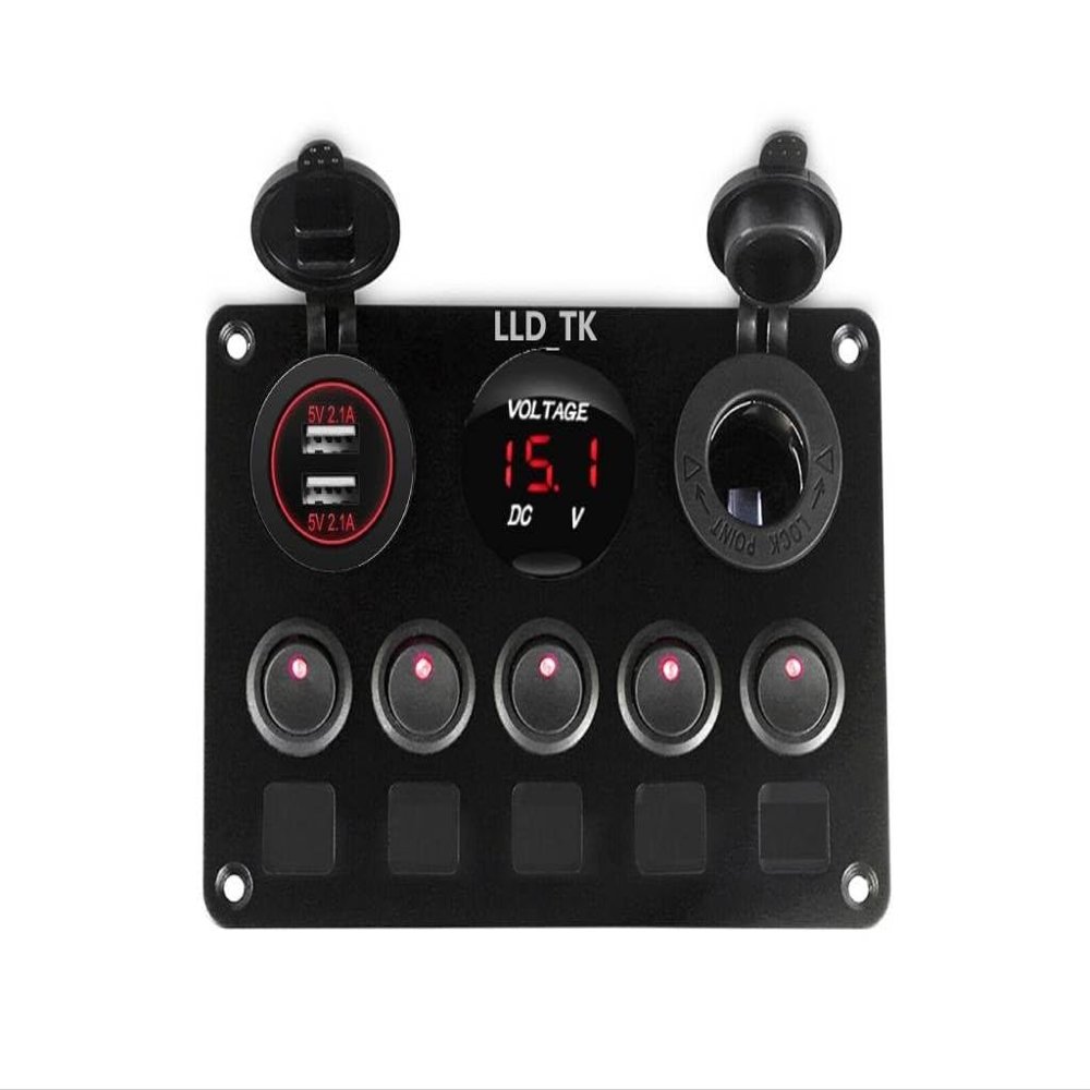 5 Gang Marine Boat Switch Panel Waterproof Toggle Rocker Switch Panel Car Truck Marine Boat RV Digital Voltmeter Display Dual USB 4.2A Charger Port DC 12 Volt Socket 12V 24V