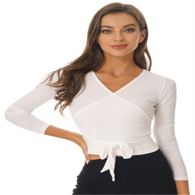 Kaerm Womens Long Sleeve Ballet Belly Dance Cardigan Wrap Top V Neck Tie Shrug Sweater Crop Top T-Shirt Tees Ivory X-Large