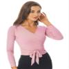 Kaerm Womens Long Sleeve Ballet Belly Dance Cardigan Wrap Top V Neck Tie Shrug Sweater Crop Top T-Shirt Tees Pink X-Large view 4