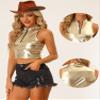 Allegra K Metallic Crop Tops for Women's Mock Neck Zip Up Sleeveless Shiny Holographic Tank Top X-Small Gold view 4