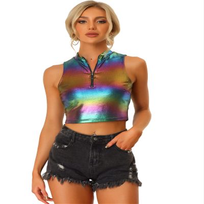 Allegra K Metallic Crop Tops for Women's Mock Neck Zip Up Sleeveless Shiny Holographic Tank Top X-Large Multicolor Black
