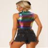 Allegra K Metallic Crop Tops for Women's Mock Neck Zip Up Sleeveless Shiny Holographic Tank Top X-Large Multicolor Black view 2