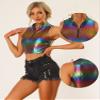 Allegra K Metallic Crop Tops for Women's Mock Neck Zip Up Sleeveless Shiny Holographic Tank Top X-Large Multicolor Black view 4