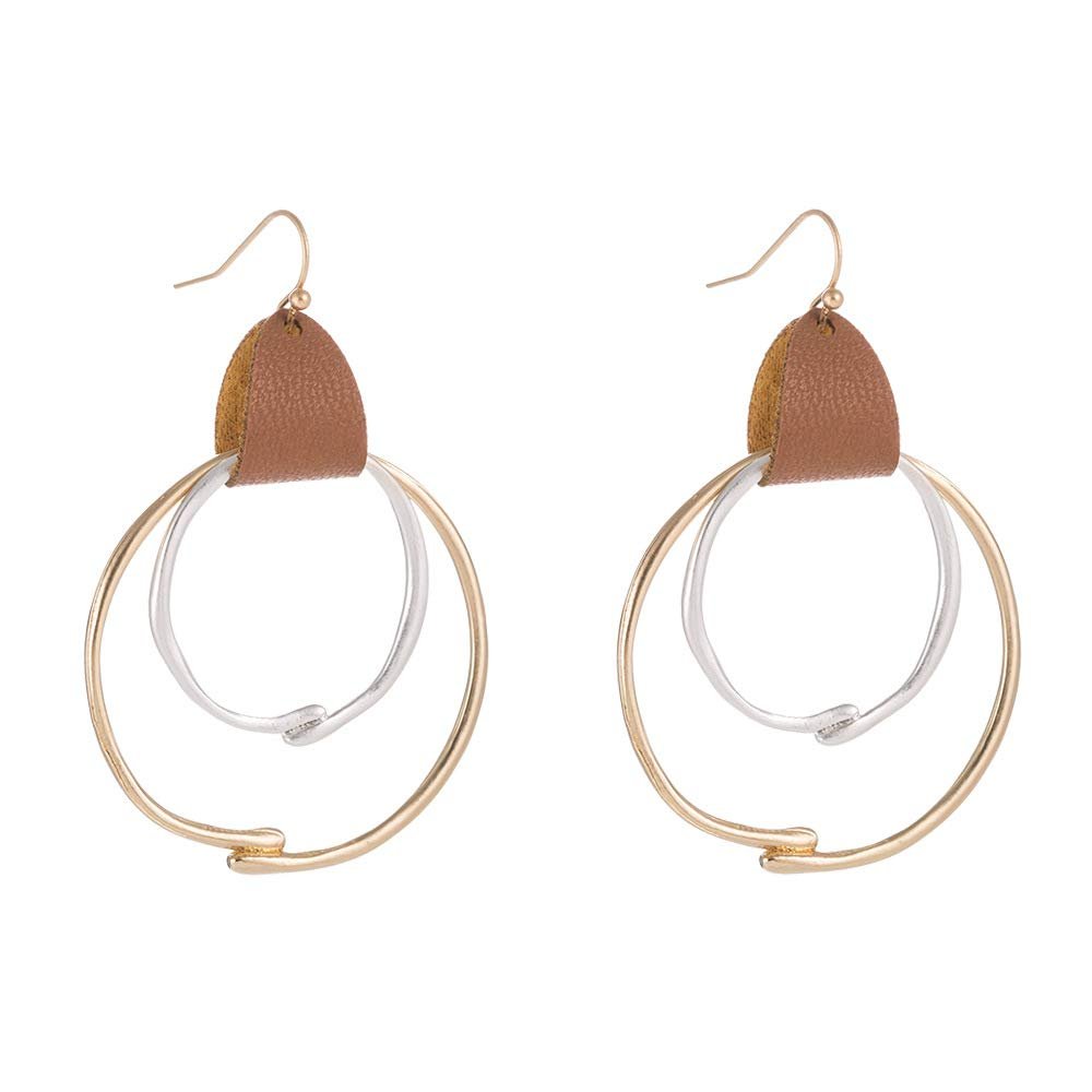 Bohemian Boho Leather Geometric Circle Round Earrings Dangling Drop Frosted Metal Square Hook Earrings for Women Simple Jewelry-gold big