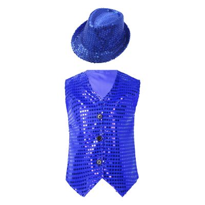 Jhaoyu Kids Boys Girls Sequins Jacket Shirt Vest Waistcoat Hip-hop Jazz Dance Performance Christmas Top with Hat Blue 13-14 Years