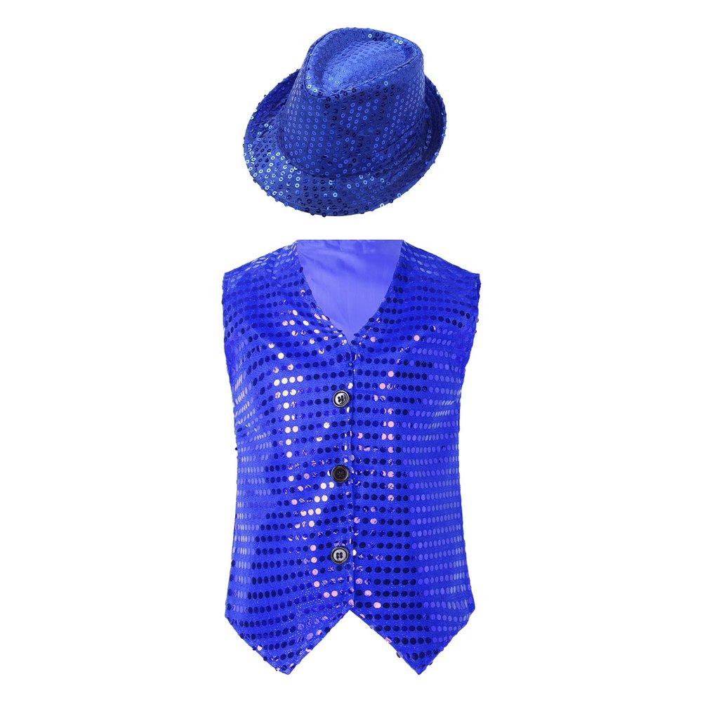 Jhaoyu Kids Boys Girls Sequins Jacket Shirt Vest Waistcoat Hip-hop Jazz Dance Performance Christmas Top with Hat Blue 13-14 Years