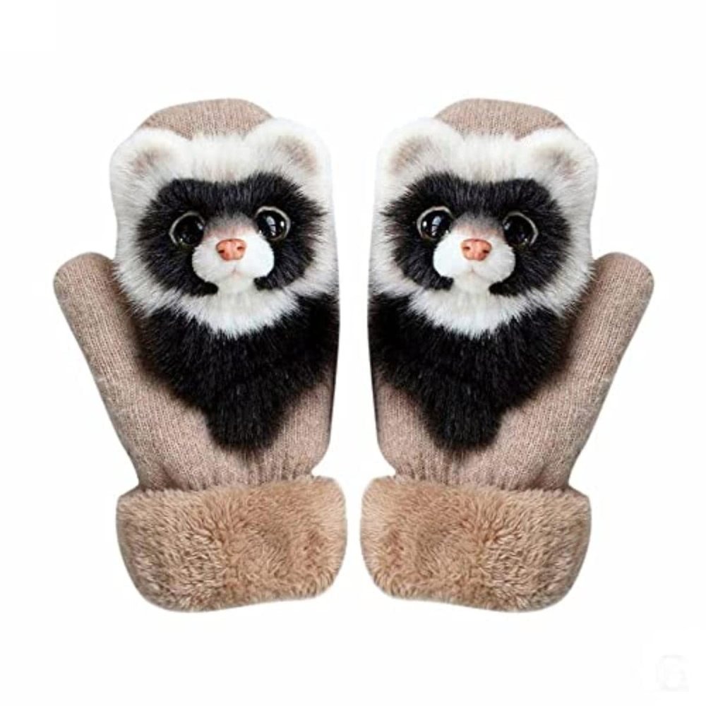 5D Cartoon Animal MittensCute Handmade Knitted Plush Animal Mittens Gloves, Full Fingers Thickening Soft Warm Mittens (red, Child)