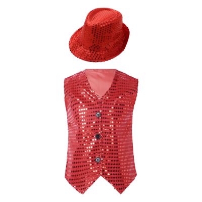 Jhaoyu Kids Boys Girls Sequins Jacket Shirt Vest Waistcoat Hip-hop Jazz Dance Performance Christmas Top with Hat Red 13-14 Years