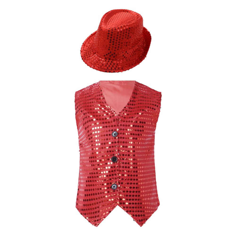 Jhaoyu Kids Boys Girls Sequins Jacket Shirt Vest Waistcoat Hip-hop Jazz Dance Performance Christmas Top with Hat Red 13-14 Years