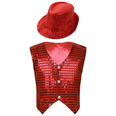 Jhaoyu Kids Boys Girls Sequins Jacket Shirt Vest Waistcoat Hip-hop Jazz Dance Performance Christmas Top with Hat Red A 7-8 Years