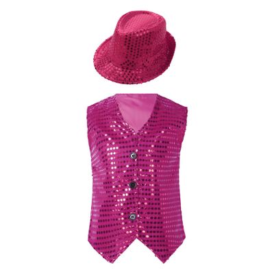 Jhaoyu Kids Boys Girls Sequins Jacket Shirt Vest Waistcoat Hip-hop Jazz Dance Performance Christmas Top with Hat Rose 5-6 Years