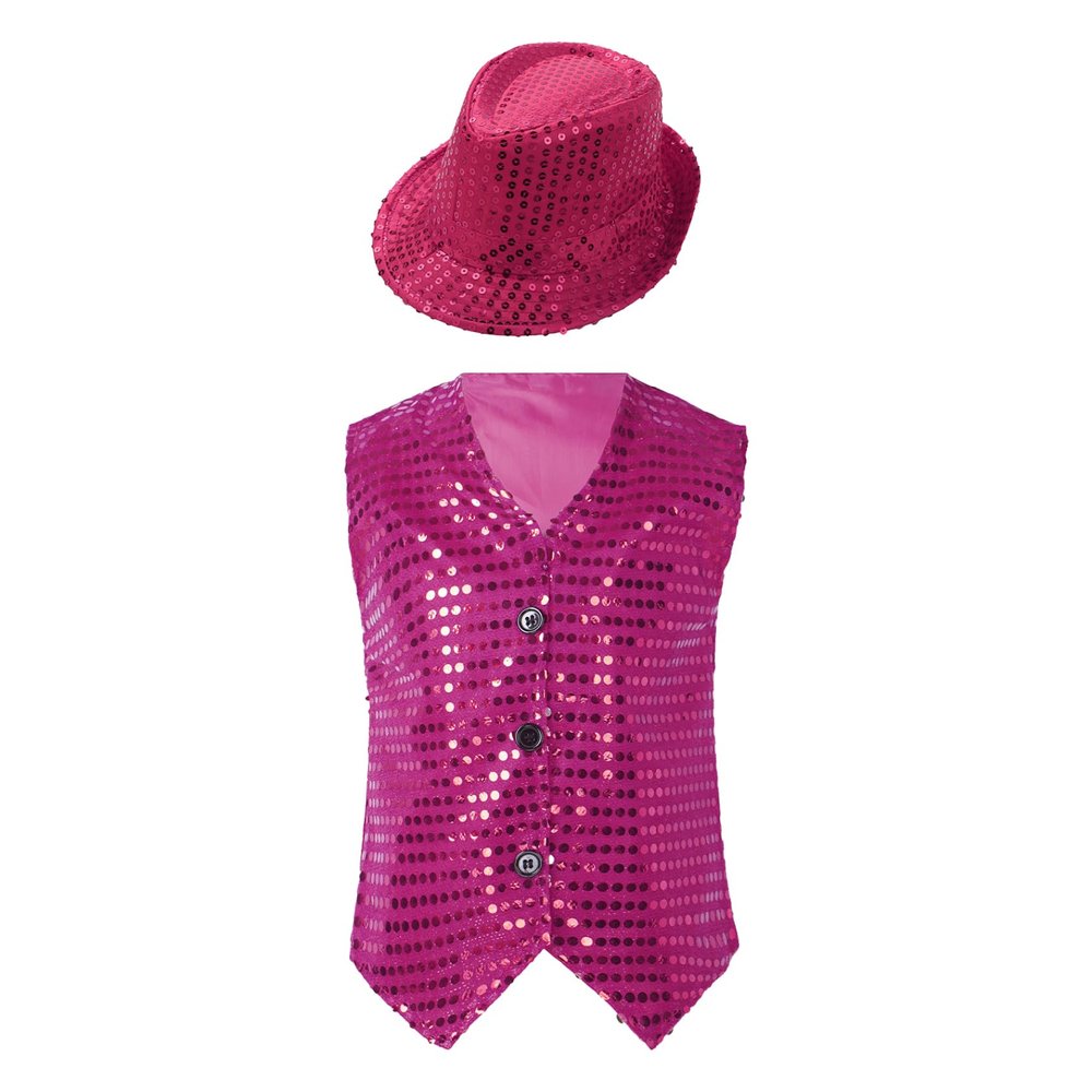 Jhaoyu Kids Boys Girls Sequins Jacket Shirt Vest Waistcoat Hip-hop Jazz Dance Performance Christmas Top with Hat Rose 5-6 Years